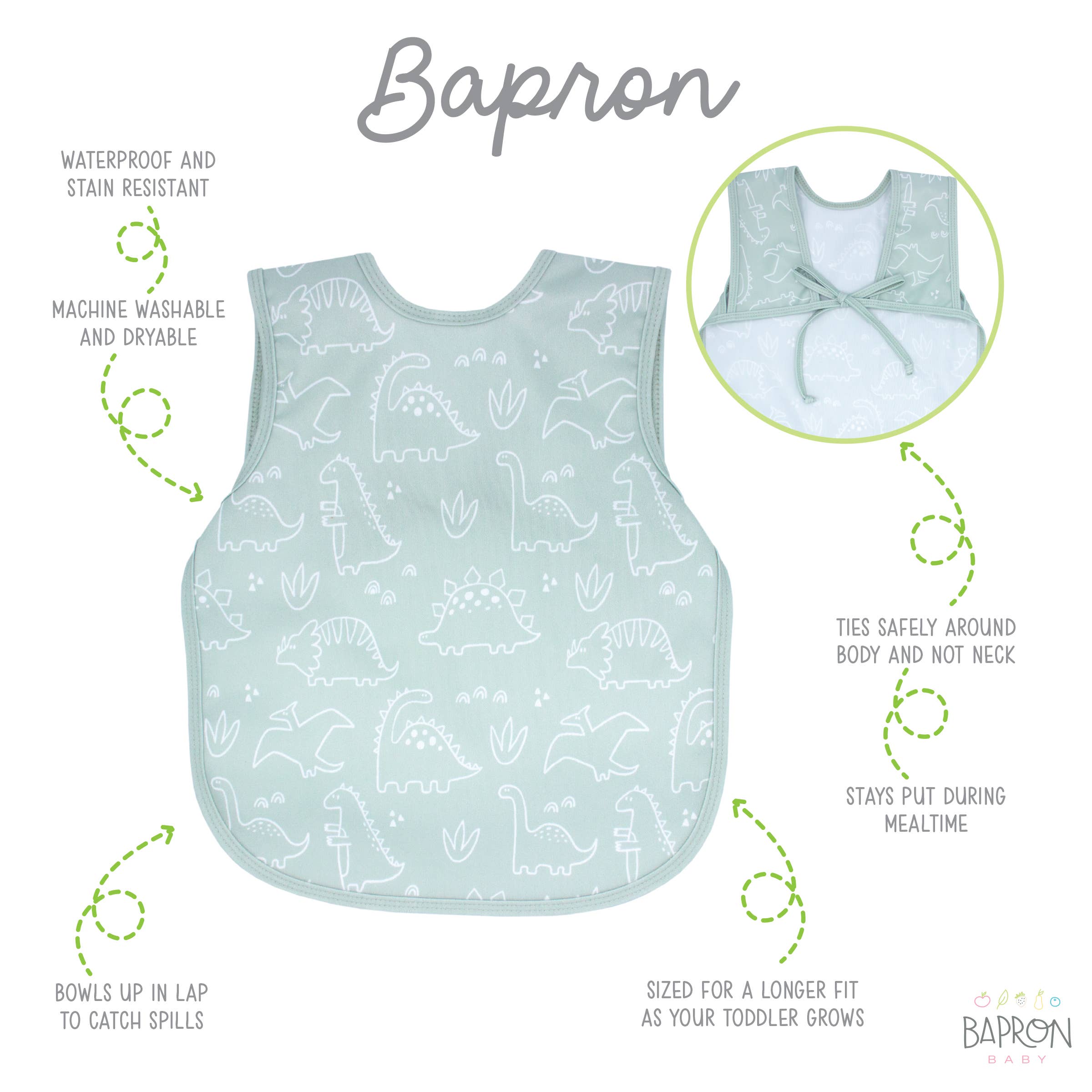 Dino Friends (Sage) Bapron: Toddler (6m-3T)-Little Sprout