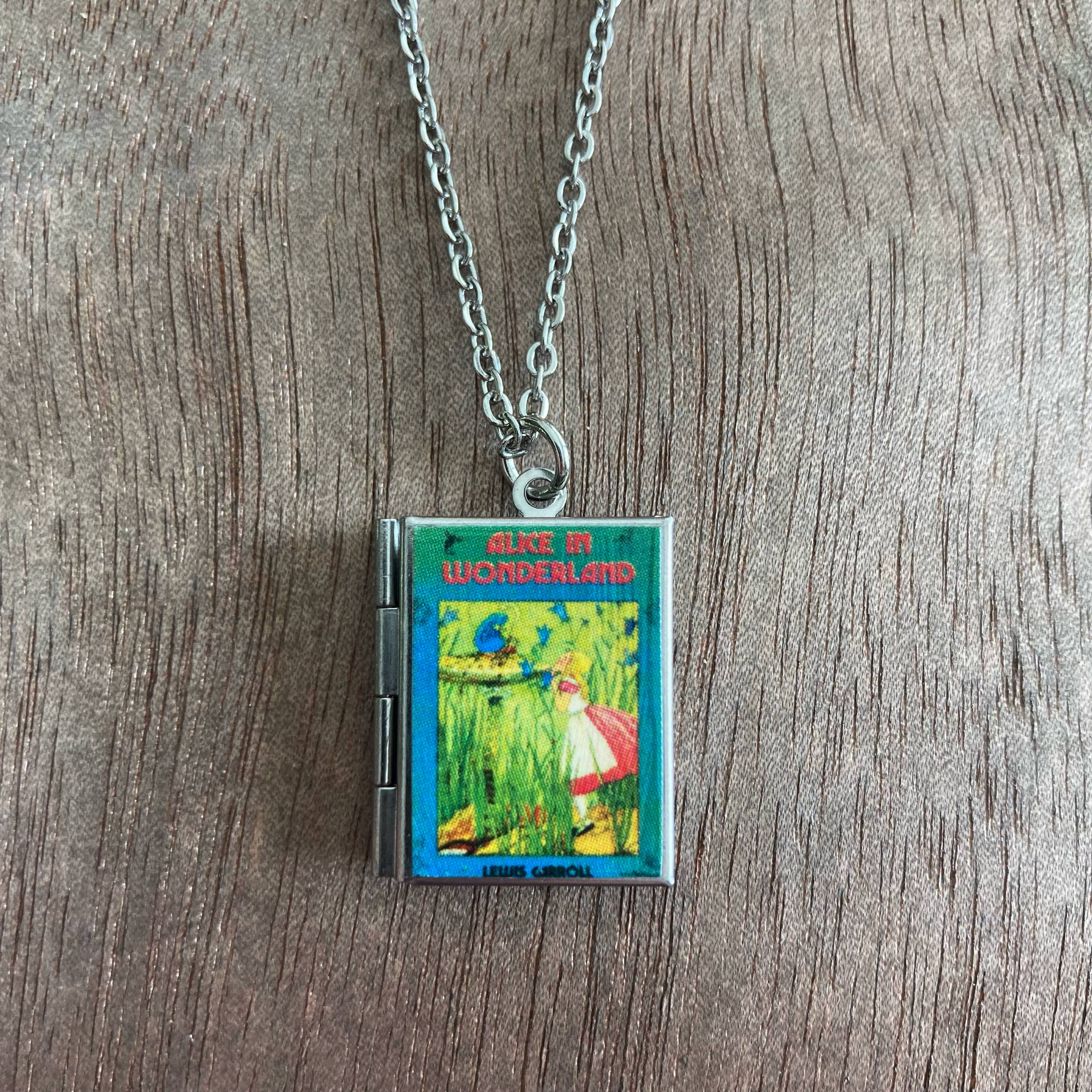 Book Locket Alice In Wonderland - Blue with Caterpillar: Stainless Steel-Little Sprout