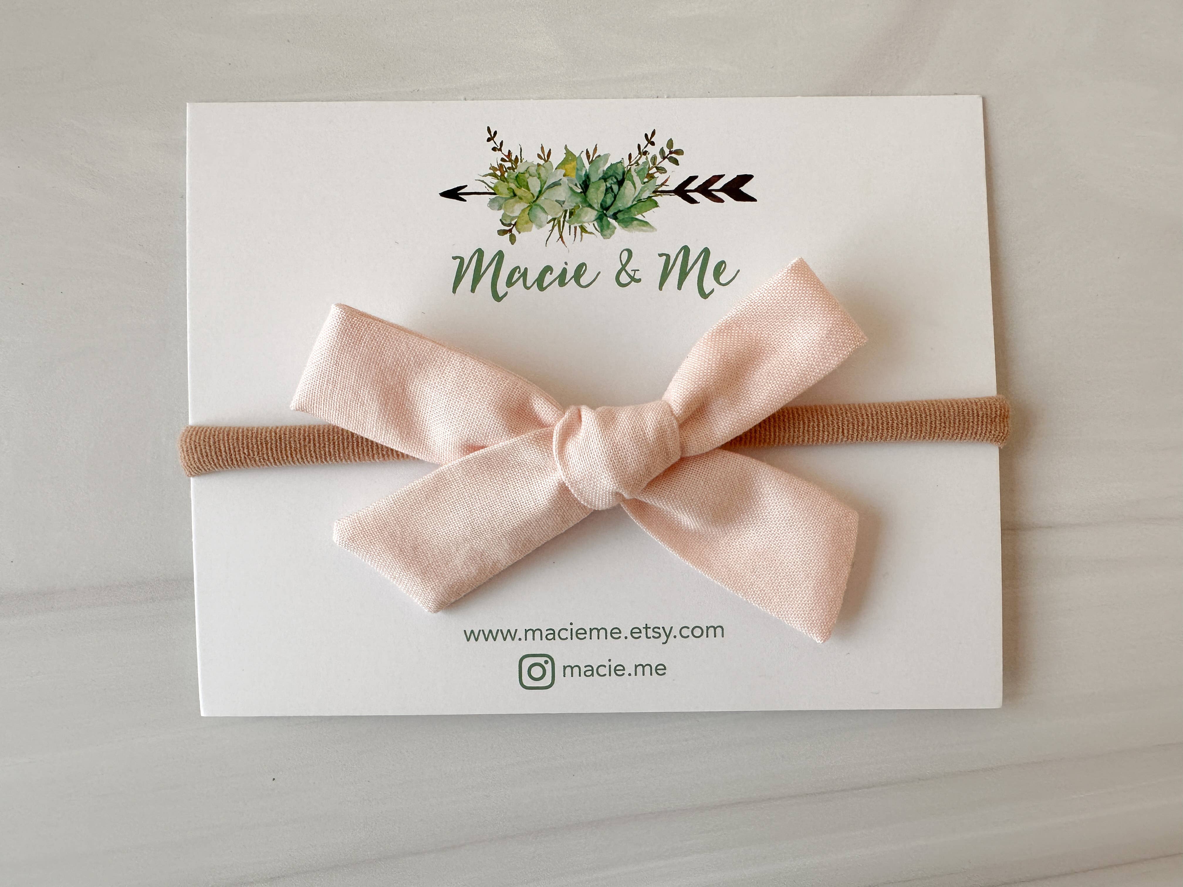 Blush Pink Hand Tied Pigtail Bows: 1 Bow on Headband-Little Sprout