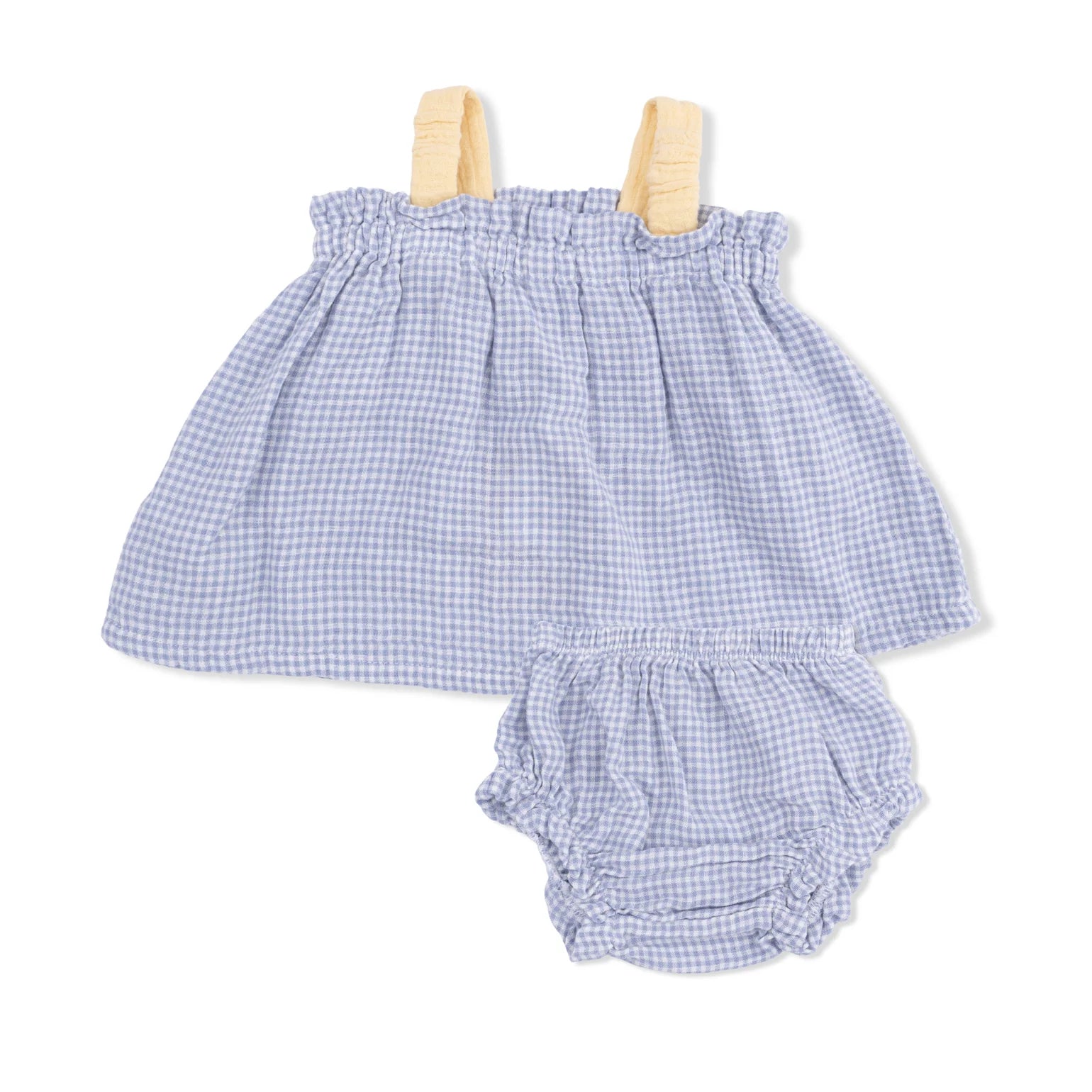 Angel Dear Micro Gingham Blue Blizzard Top with Bows and Ruffle Leg Bloomer