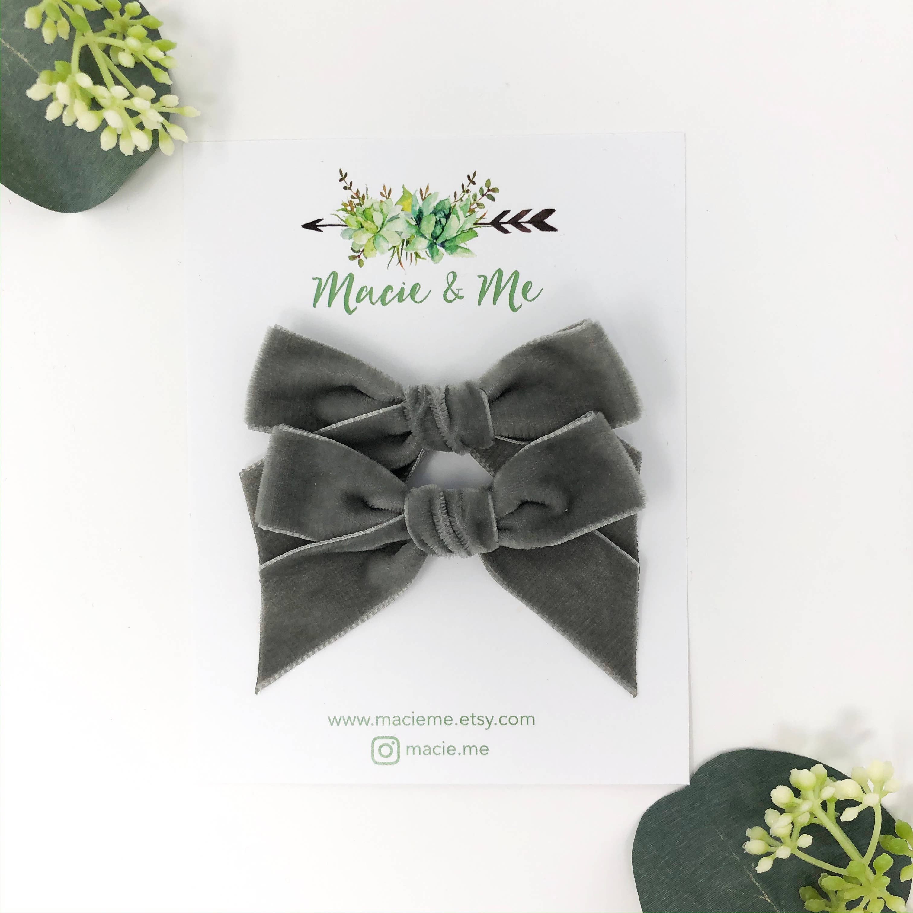 Grey Velvet Bows : Pigtail Set-Little Sprout
