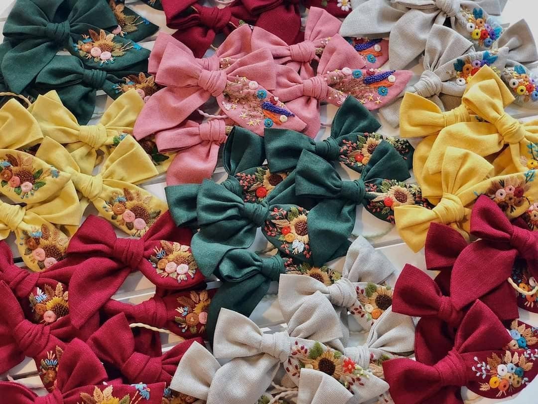 Embroidered Hair Bow, Christmas Collection: 4. Sunflower - Beige-Little Sprout