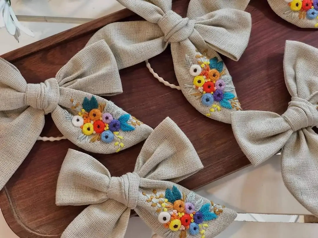 Embroidered Hair Bow, Christmas Collection: 4. Sunflower - Beige-Little Sprout