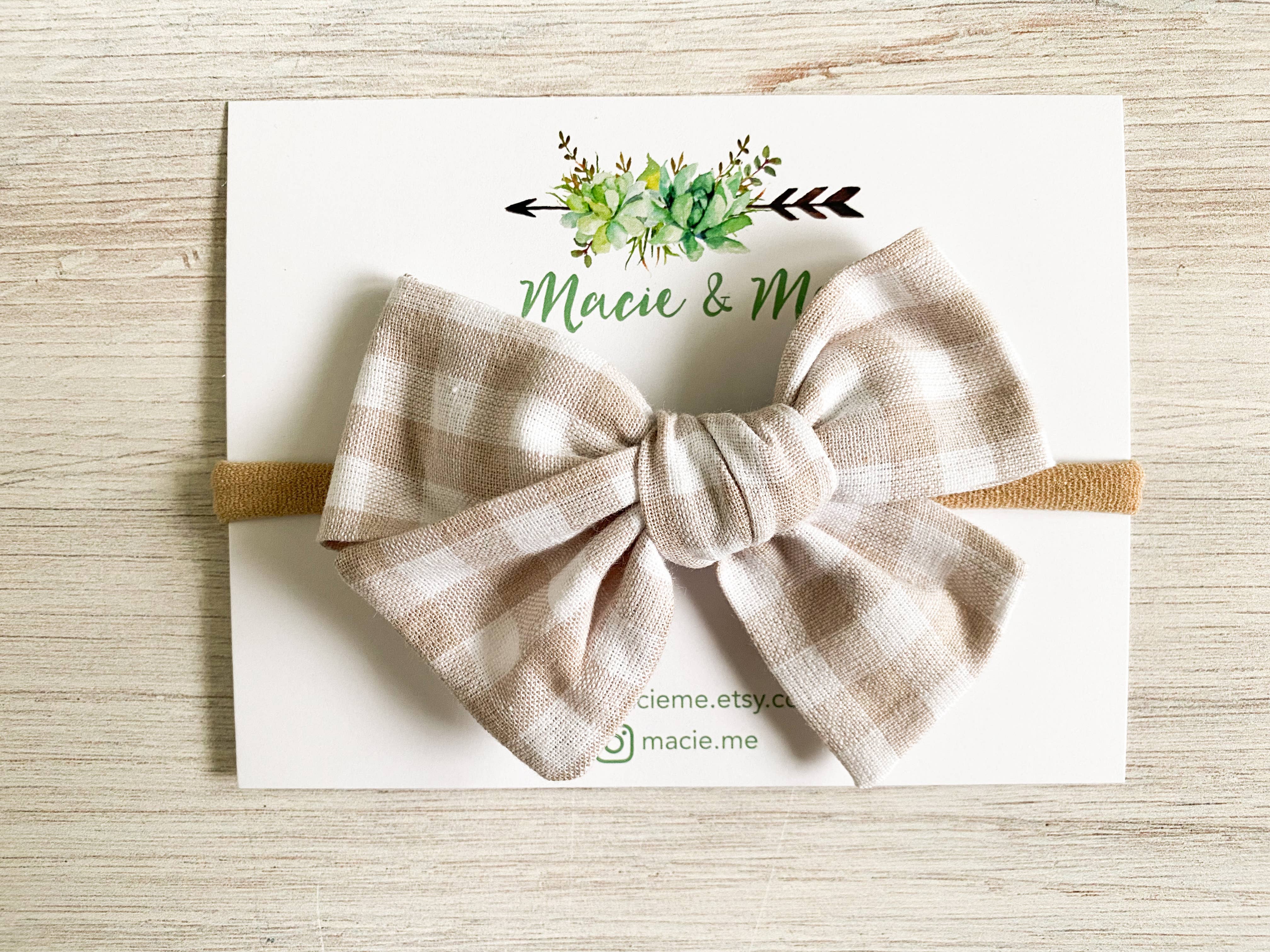 Tan Gingham Medium Schoolgirl Bow(s): 1 Bow on Clip-Little Sprout