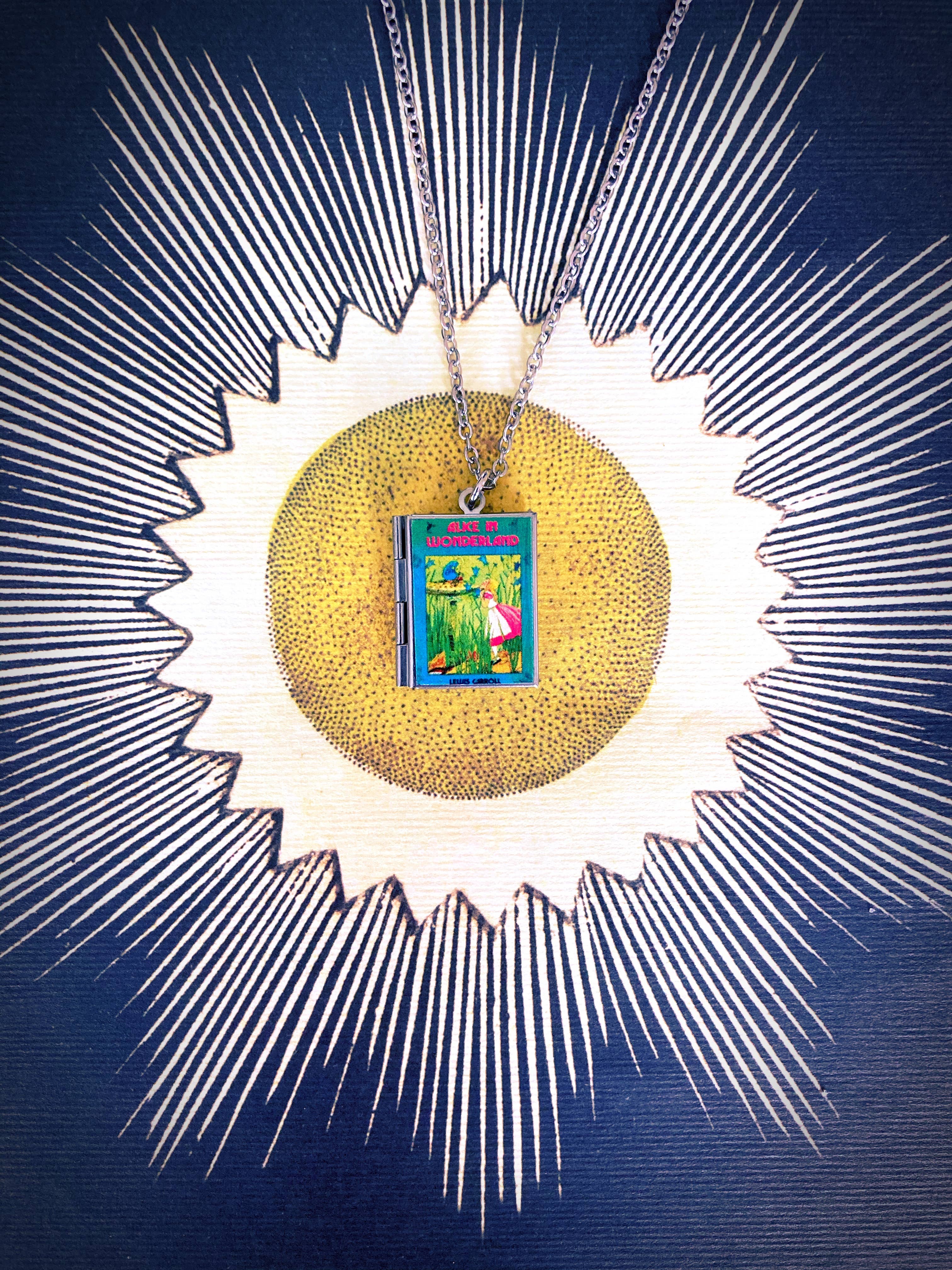 Book Locket Alice In Wonderland - Blue with Caterpillar: Stainless Steel-Little Sprout