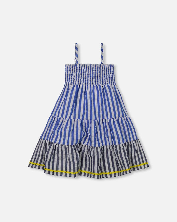 Smocked Seersucker Peasant Dress - Marine Stripe-Little Sprout
