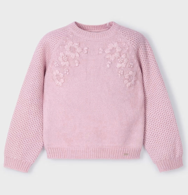 Girl Embroidered Flower Sweater - Rose-Little Sprout