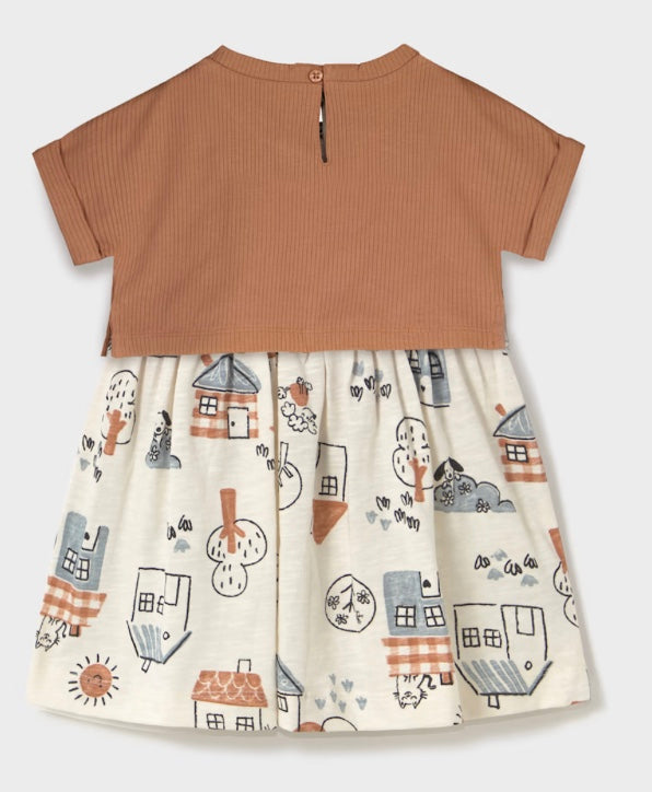 Baby Printed Dress with Top - Toffee-Little Sprout