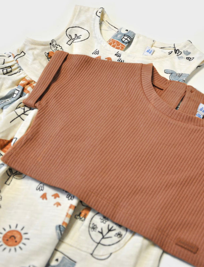Baby Printed Dress with Top - Toffee-Little Sprout