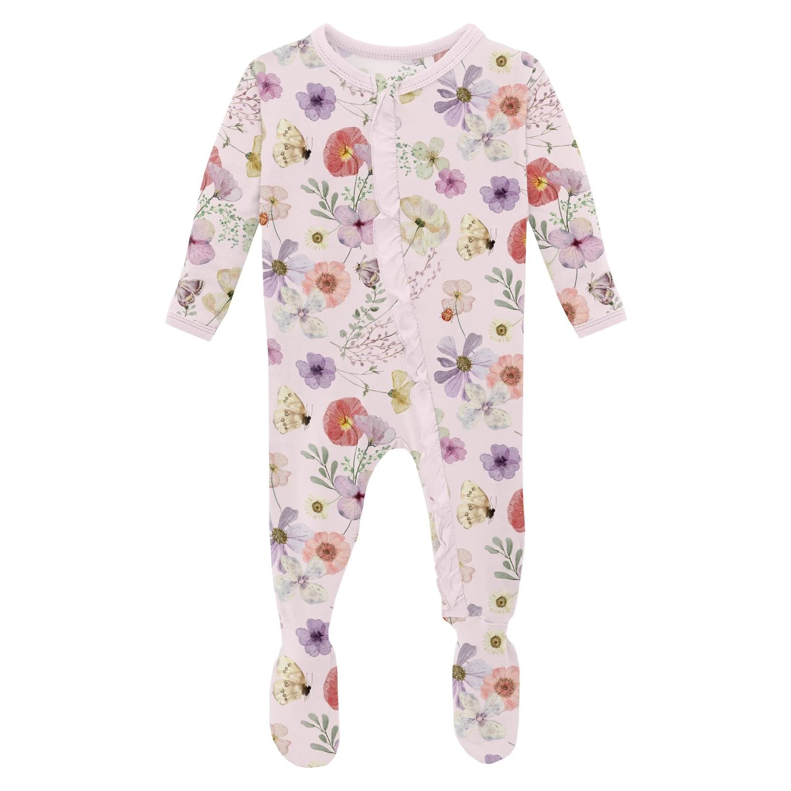 Print Layette Ruffle Footie with 2-Way Zipper - Shrinking Violet Pressed Flowers