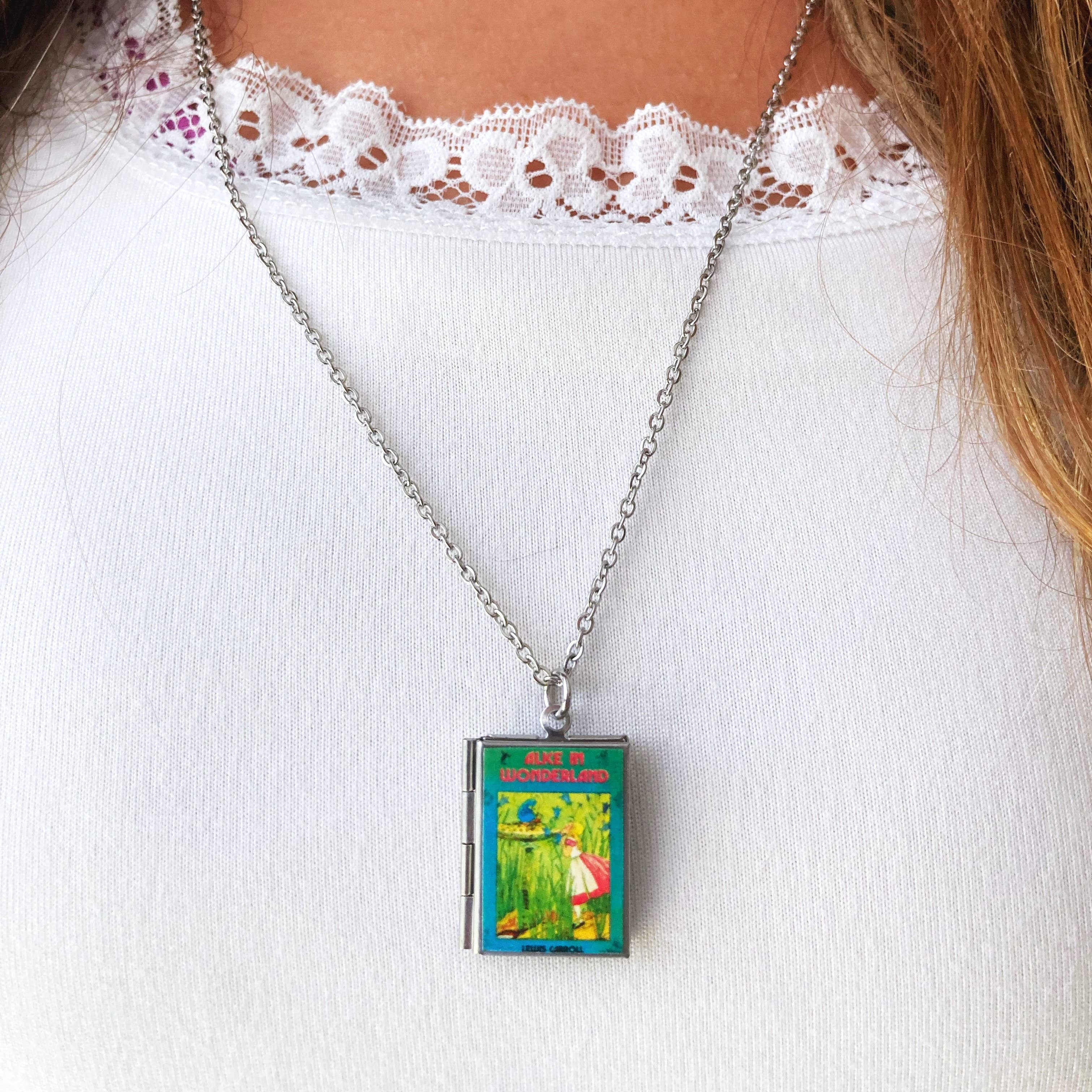 Book Locket Alice In Wonderland - Blue with Caterpillar: Stainless Steel-Little Sprout
