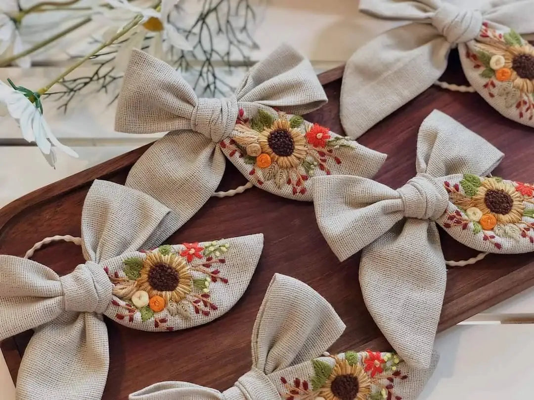 Embroidered Hair Bow, Christmas Collection: 4. Sunflower - Beige-Little Sprout