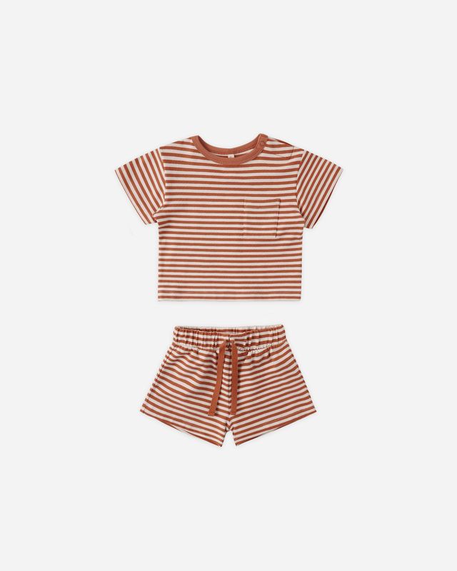 Quincy Mae Boxy Pocket Tee + Short Set Poppy Stripe Little Sprout