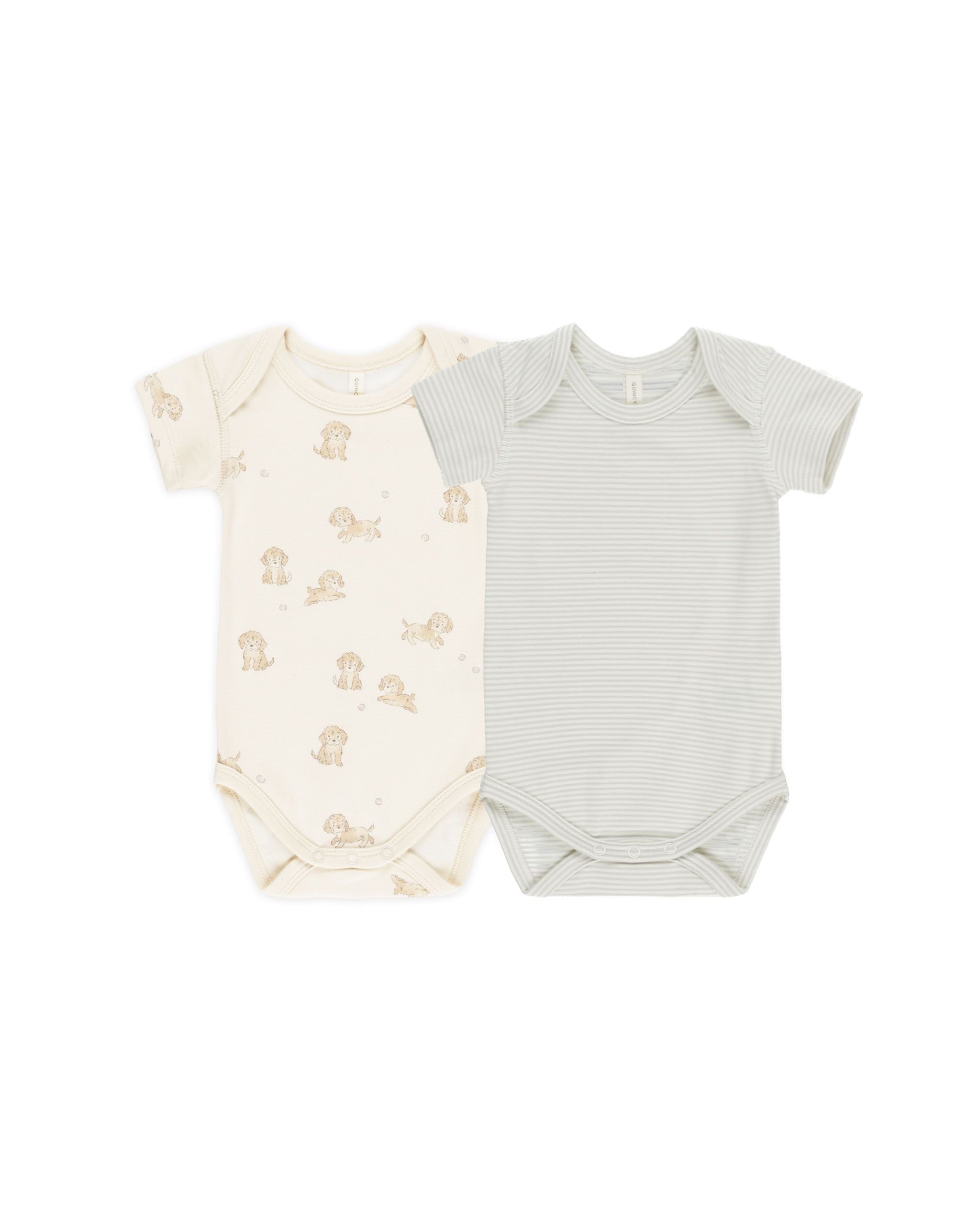 Short Sleeve Bodysuit 2 Pack - Puppies, Blue Micro Stripe-Little Sprout