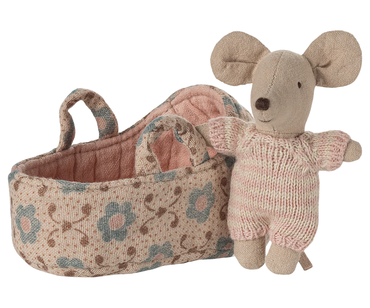 Maileg Baby Mouse in Carry Cot Rose Little Sprout
