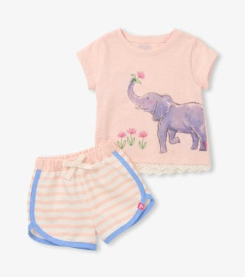 Hatley Baby Girl Elephant Trim Tee and Short Set Pearl Blush Little Sprout
