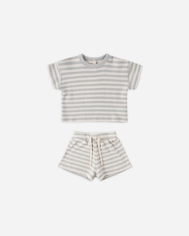 Quincy Mae Waffle Tee and Short Set Sky Stripe Little Sprout