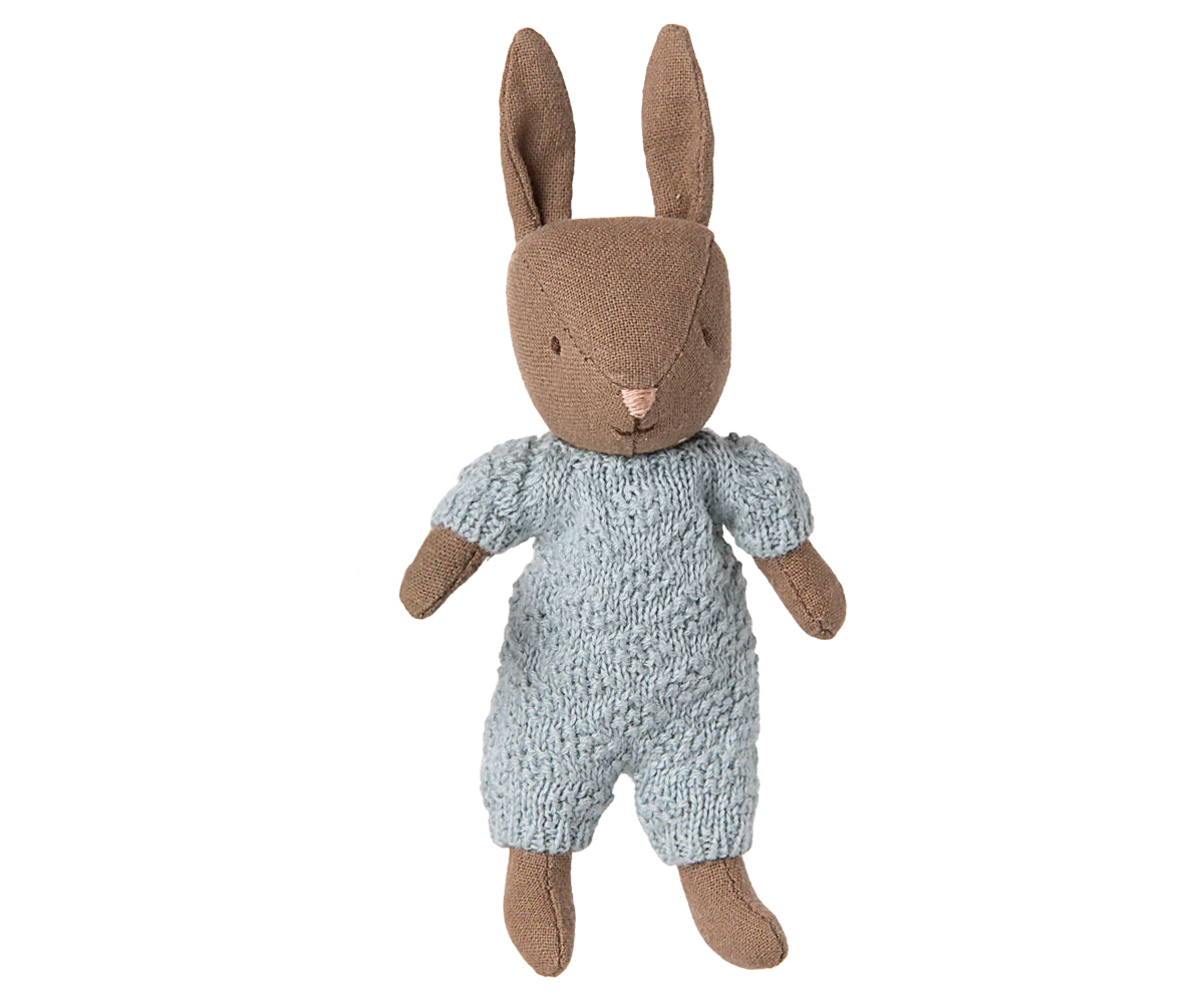 Maileg Rabbit Micro Brown Blue Knitted Suit Little Sprout