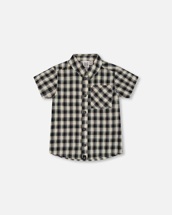 Short Sleeve Button-Up Shirt - Black Plaid-Little Sprout