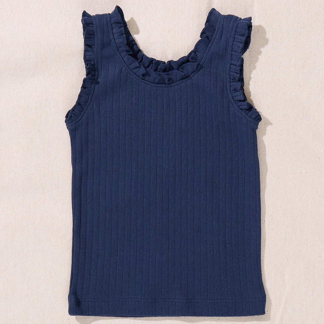 Pink Chicken Coop Joy Ruffle Rib Tank Navy Little Sprout
