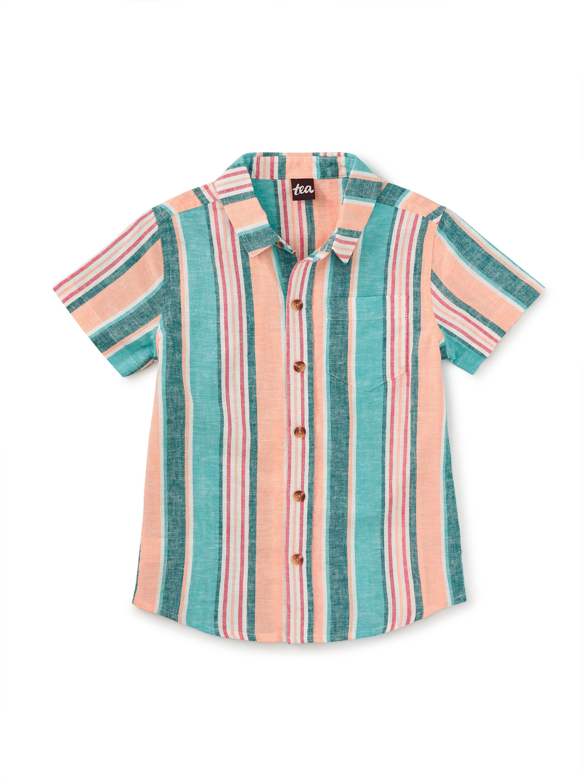 Baby Stripe Button Up Woven Shirt - Cyan-Little Sprout