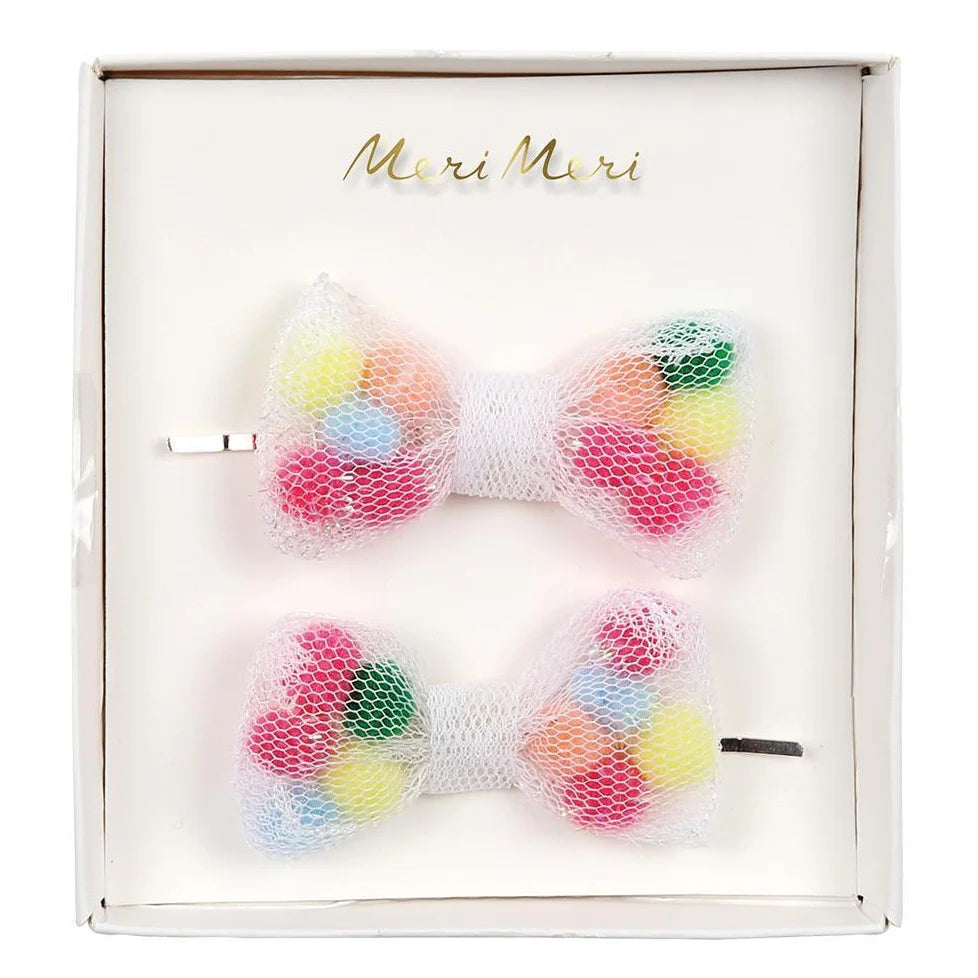 Pom Pom Net Bow Hair Slides-Little Sprout