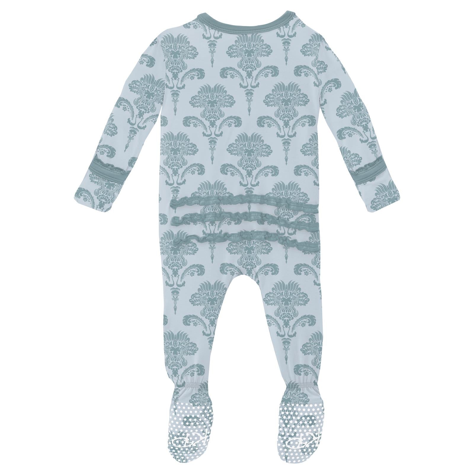 Print Muffin Ruffle Footie with 2-way Zipper - Illusion Blue Damask-Little Sprout