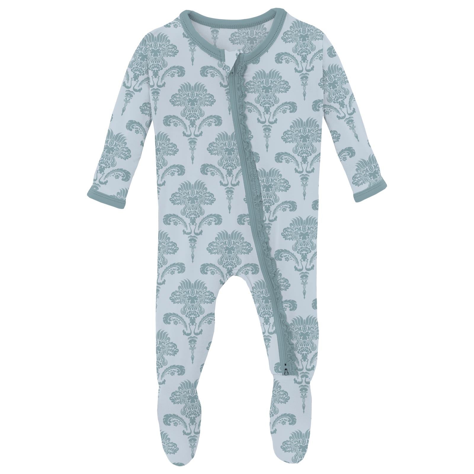 Print Muffin Ruffle Footie with 2-way Zipper - Illusion Blue Damask-Little Sprout