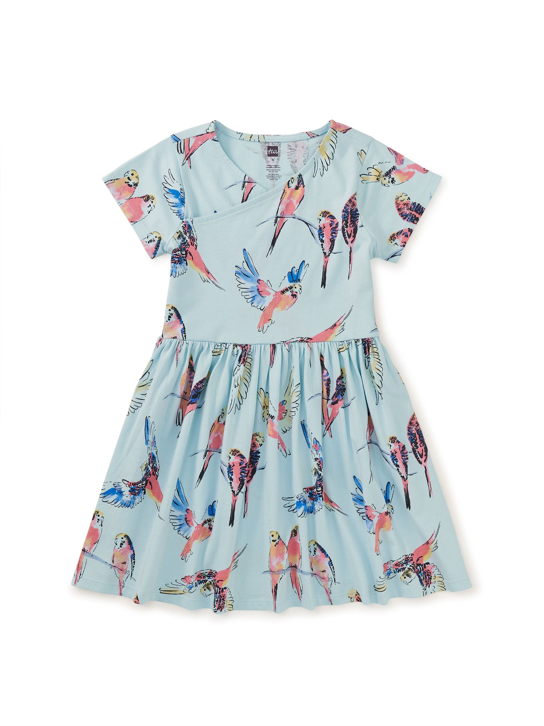 Short Sleeve Wrap Neck Dress - Pop Parrots-Little Sprout