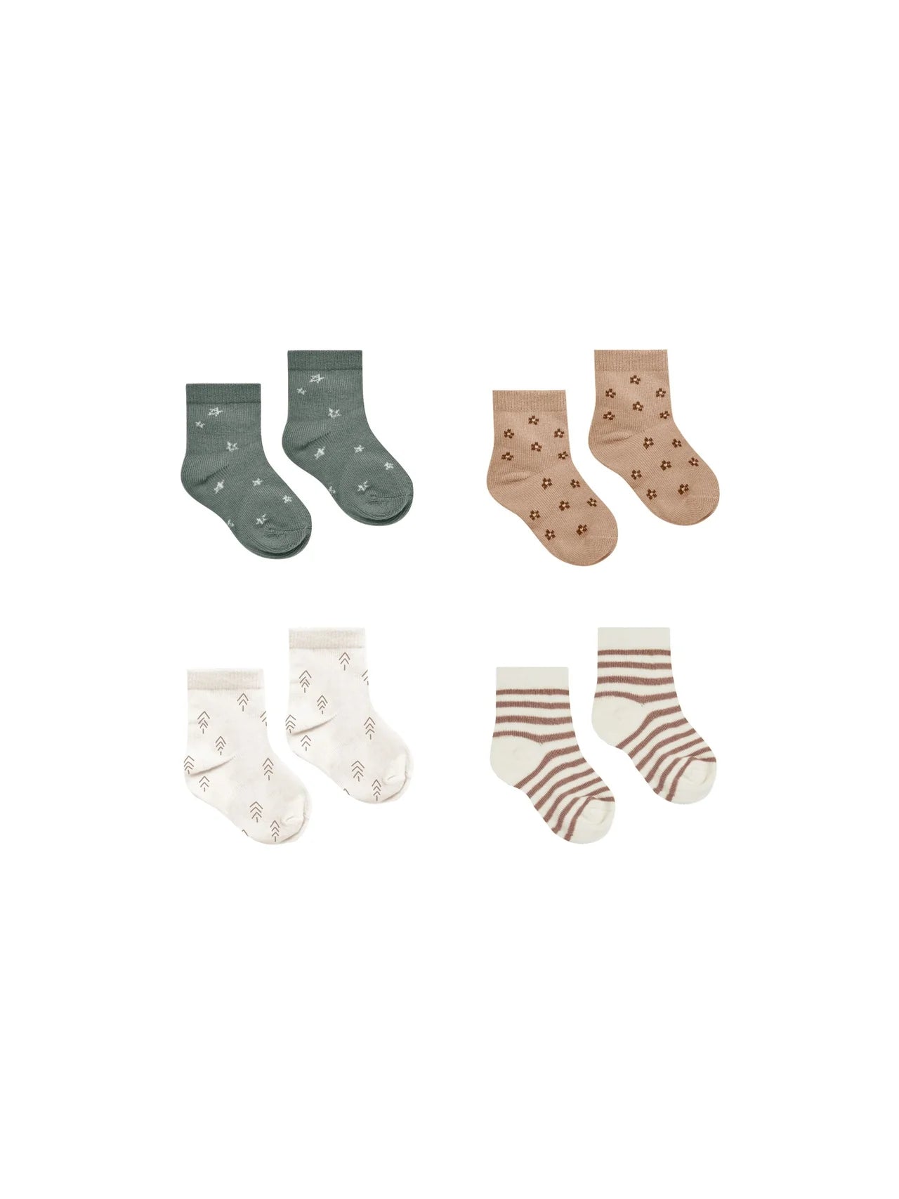 Quincy Mae Printed Sock Set, Cocoa Stripe/Stars/Trees/Ditsy Set of 4-Little Sprout