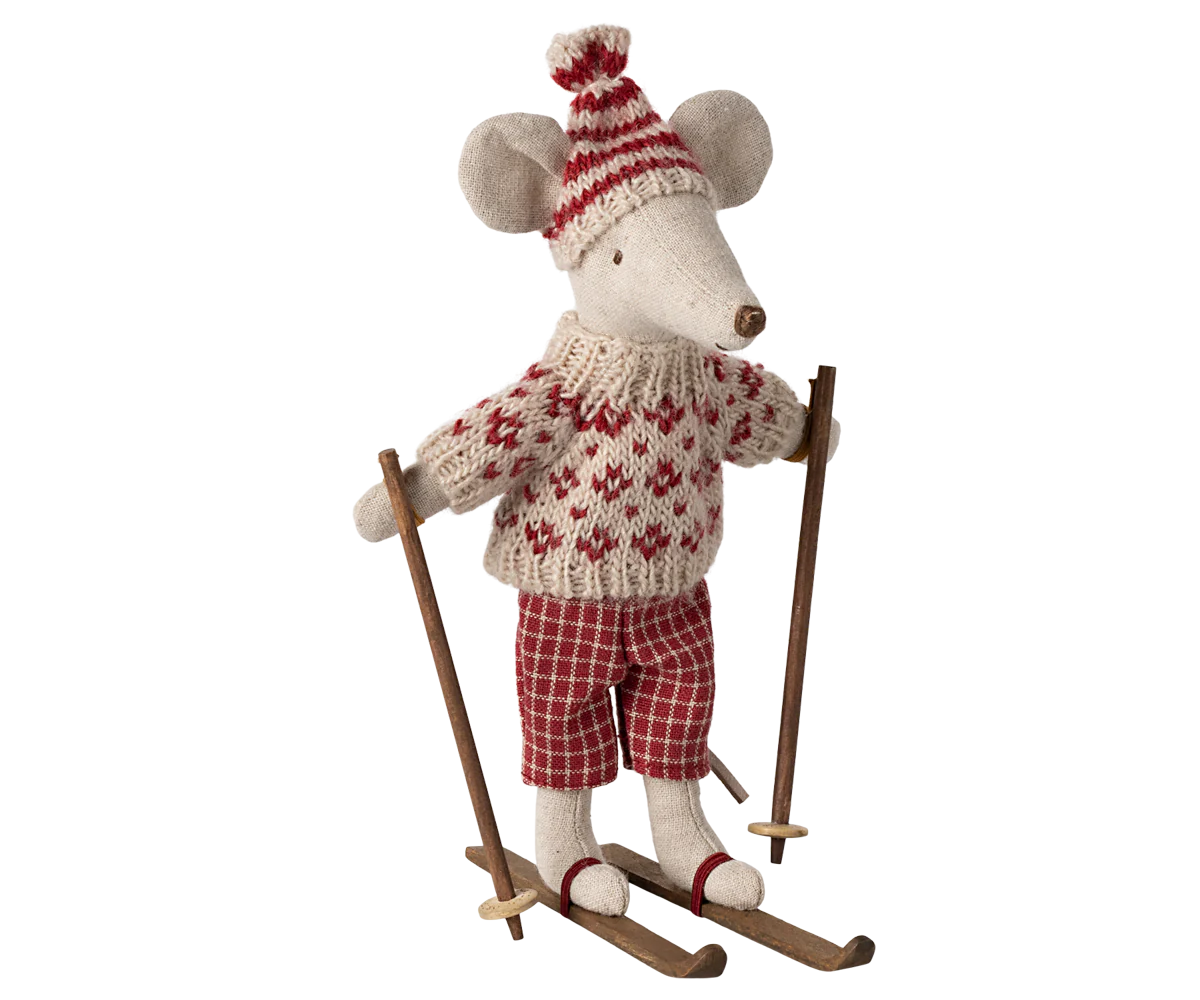 Winter Mouse with Ski Set, Mum - Red-Little Sprout