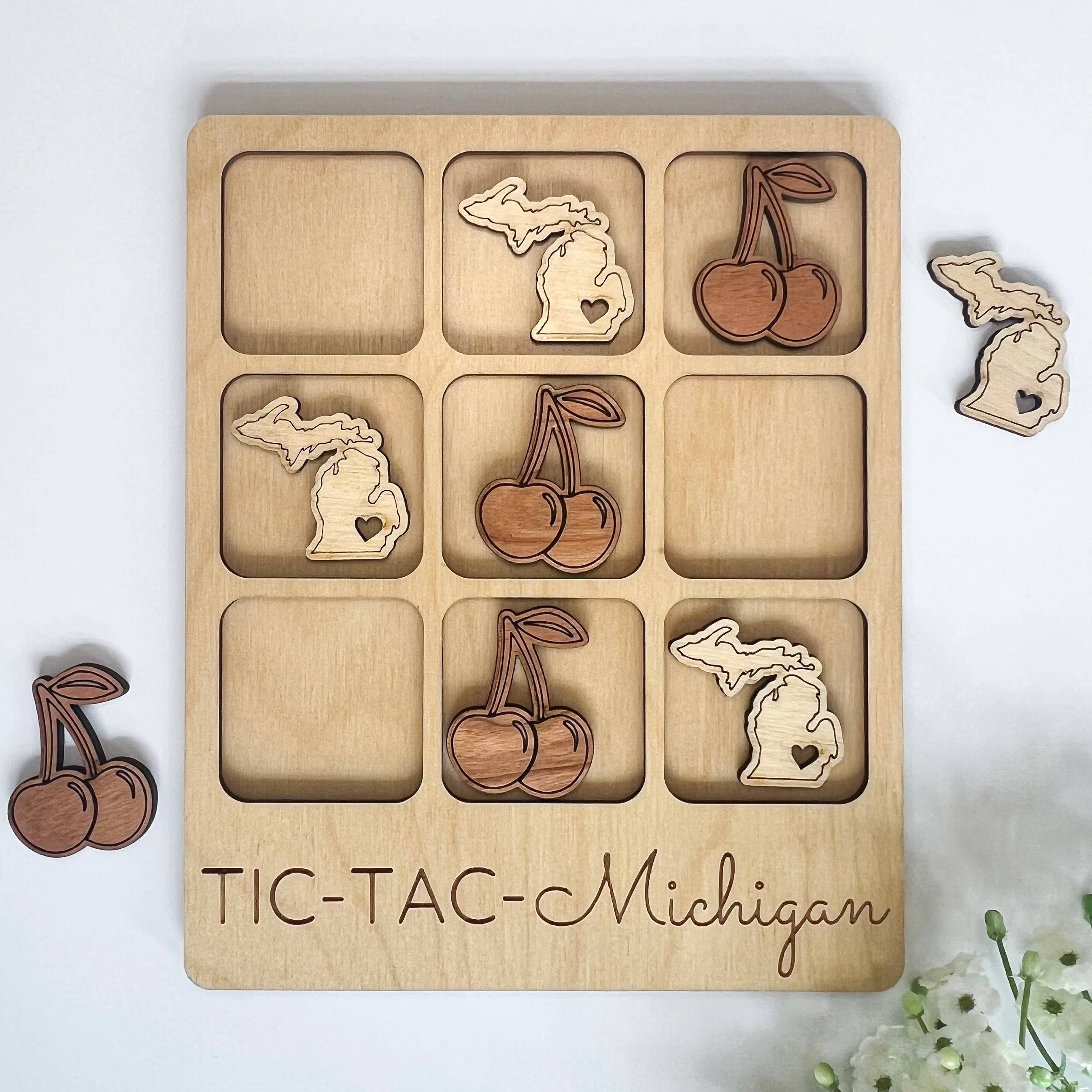 Michigan State Gift - Tic-Tac-Toe MI Game Customizable: State + Cherries-Little Sprout