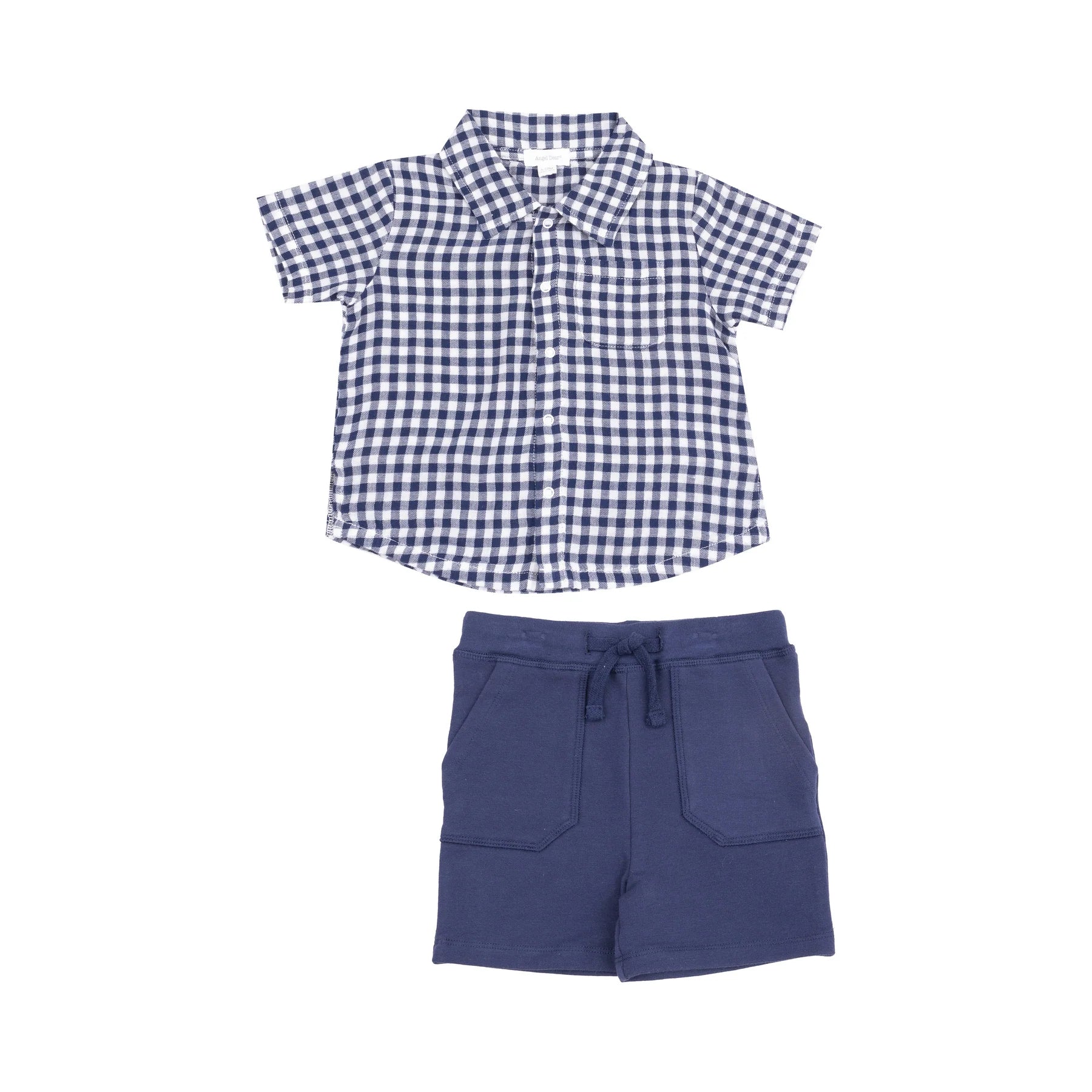 Muslin Navy Gingham Button Down Polo with French Terry Short-Little Sprout