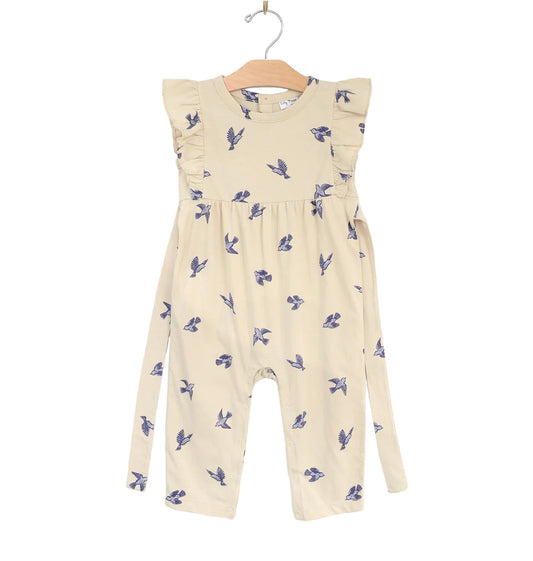 Flutter Long Romper - Combed Jersey Natural Bluebird