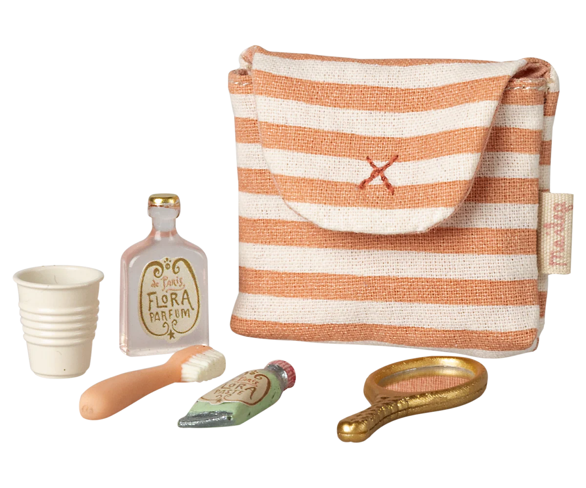 Maileg Toothbrush Set in Bag Mouse Coral Stripe