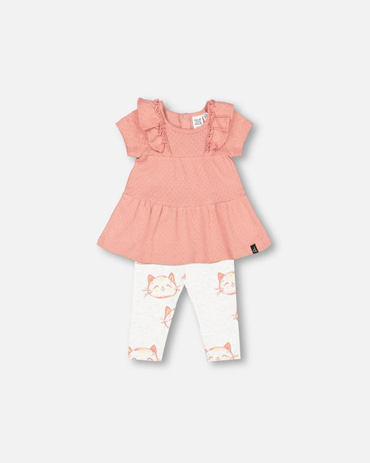 Dress and Printed Cats Leggings Set - Old Rose