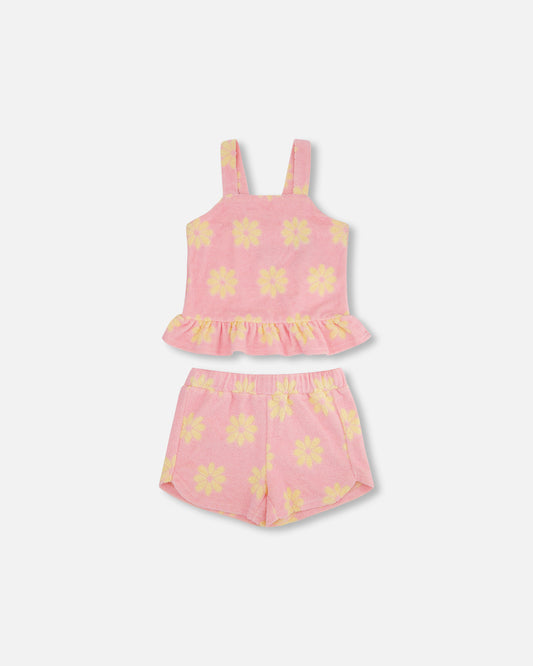 Terry Cloth Flowers Tank Top and Short Set - Candy Pink