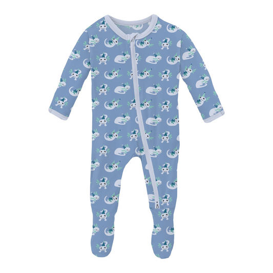 Print Footie with 2 Way Zipper - Dream Blue Axolotl Party