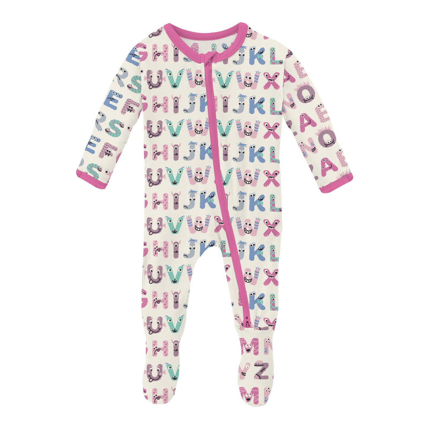 Print Footie with 2 Way Zipper - Natural ABC Monsters