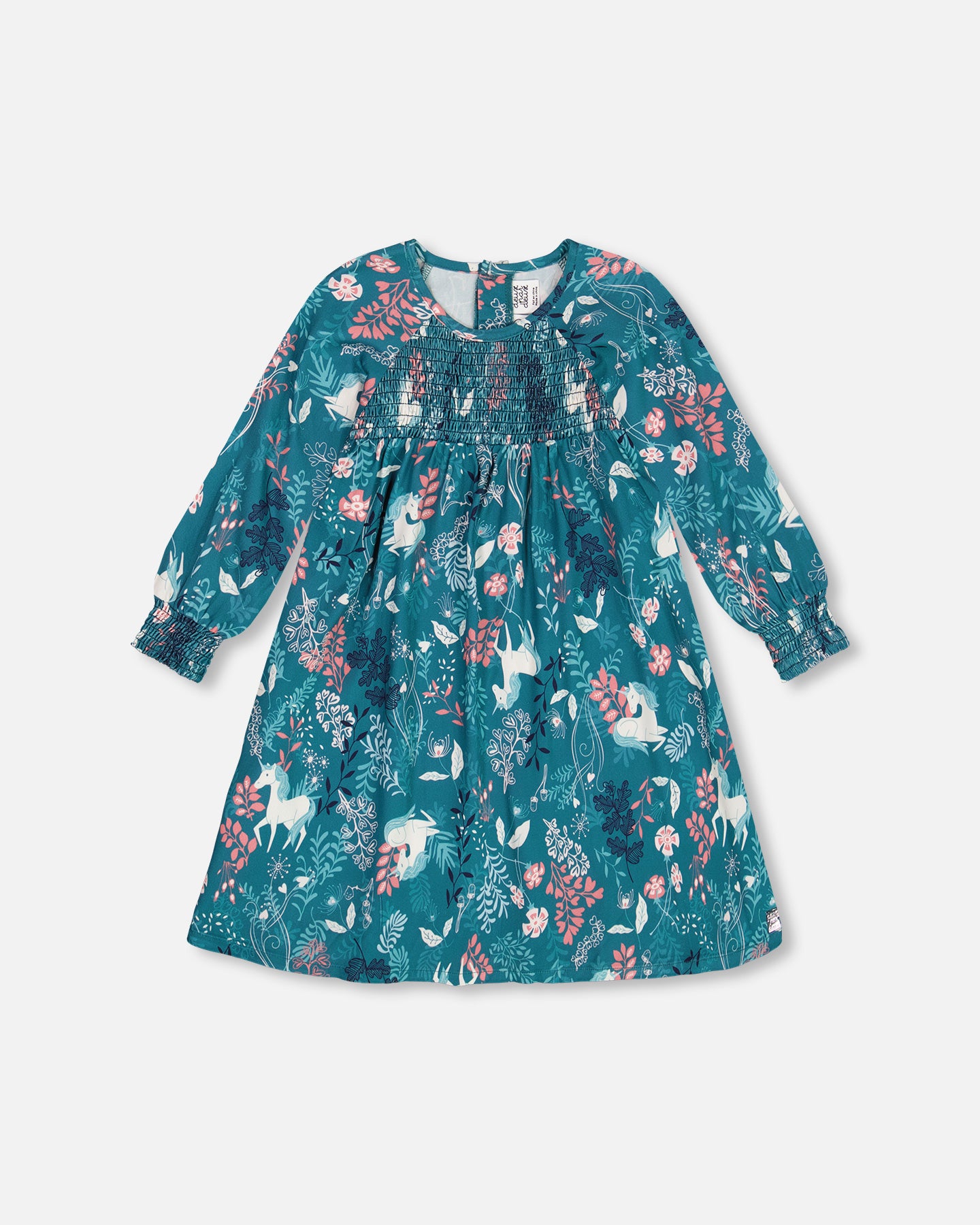 Puffy Long Sleeve Viscose Dress - Turquoise Printed Fairy Unicorn