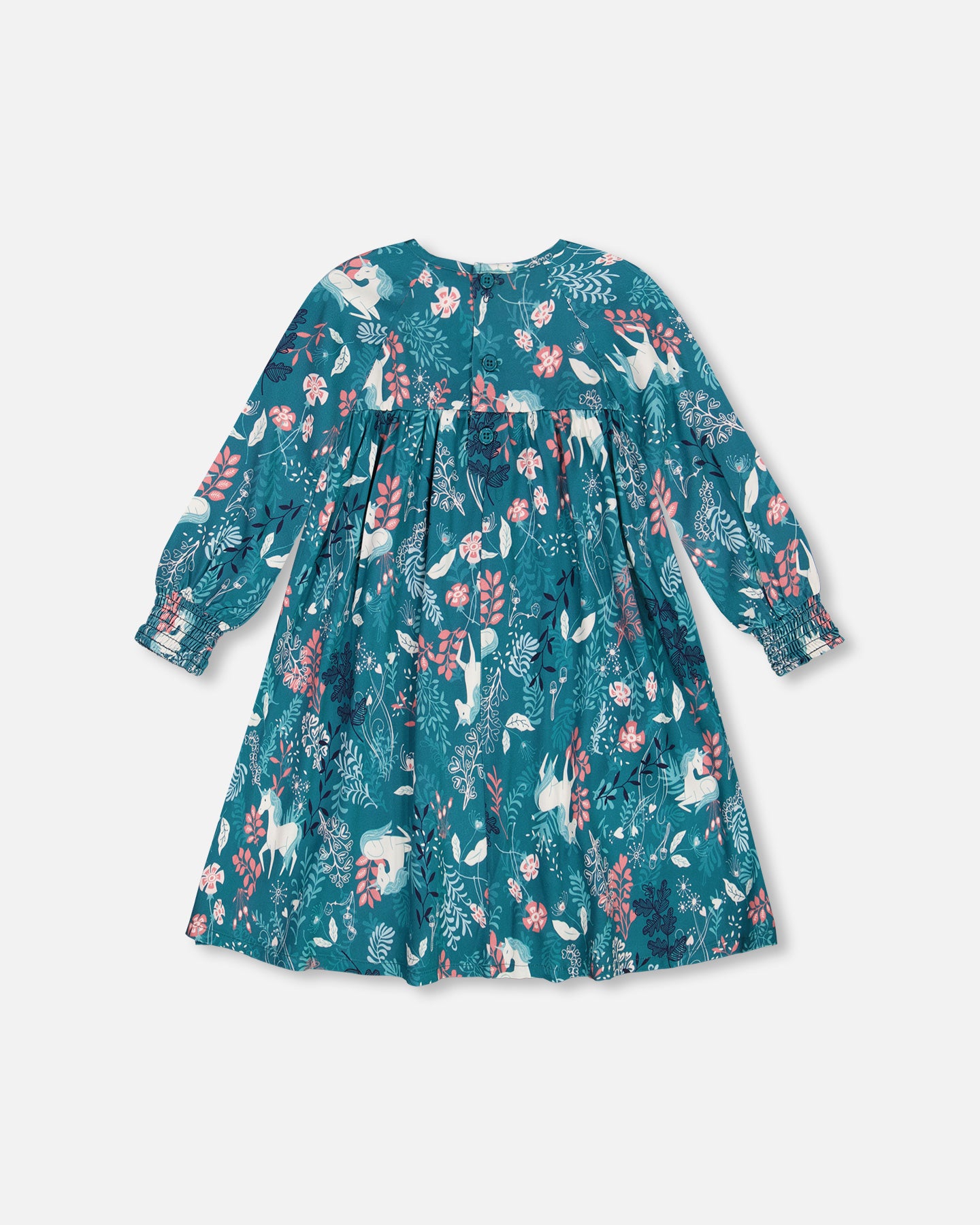 Puffy Long Sleeve Viscose Dress - Turquoise Printed Fairy Unicorn