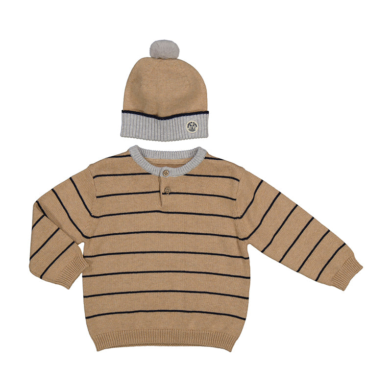 Baby Striped Sweater with Hat - Sand