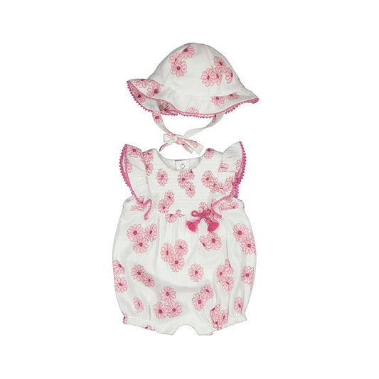 Newborn Floral Romper with Hat - Juicy Pink