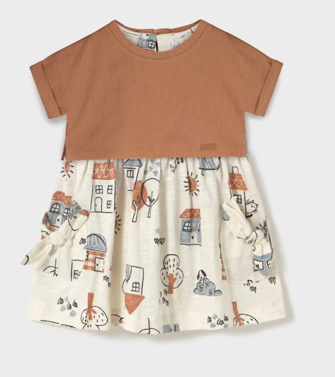 Baby Printed Dress with Top - Toffee