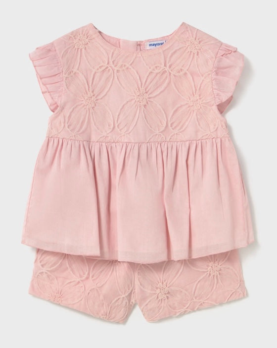 Baby Shorts and Embroidered Tulle Blouse Set - Pink