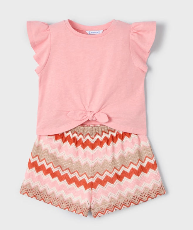 Girl Zigzag Print Shorts and T-Shirt Set - Salmon