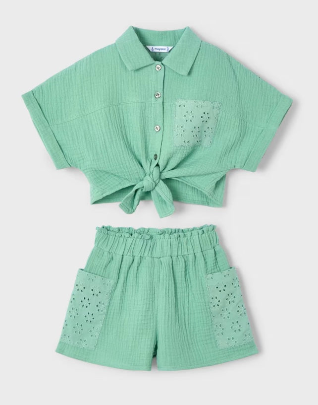 Girl Eyelet Shorts and Blouse Set - Mint