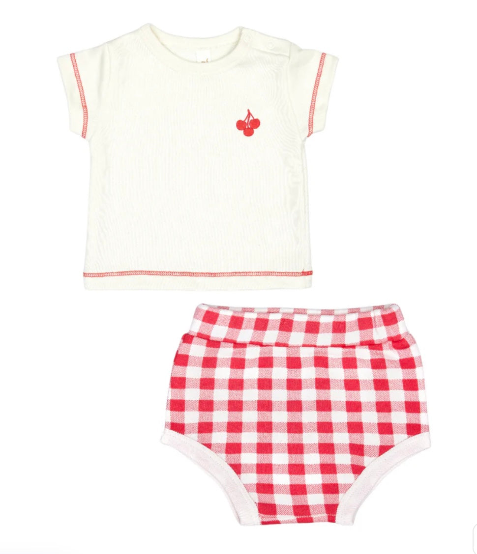 Terry Top and Tartan Bloomer Set- Natural & Strawberry-Little Sprout
