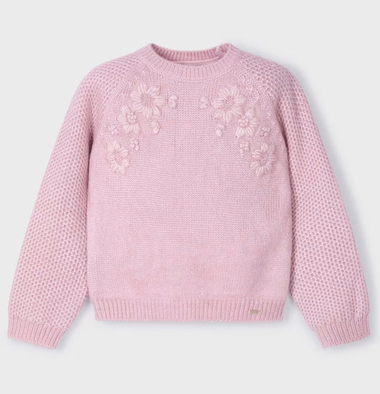 Girl Embroidered Flower Sweater - Rose