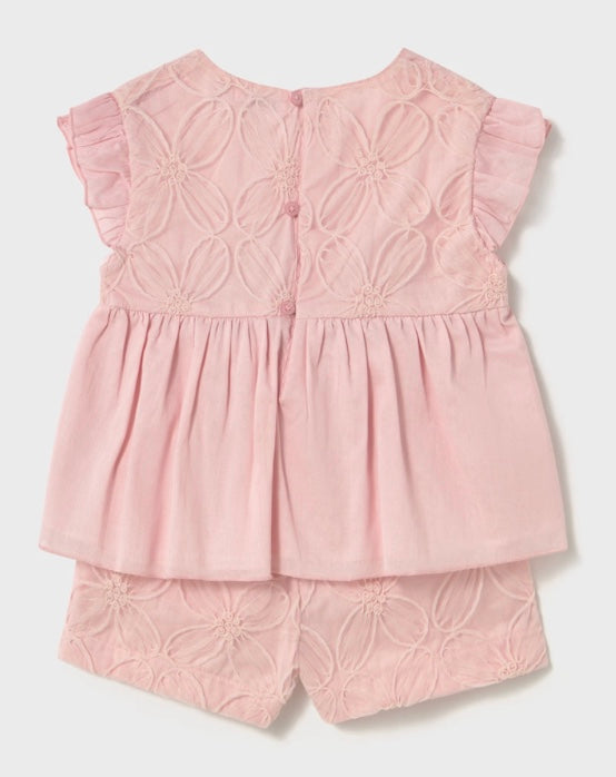 Baby Shorts and Embroidered Tulle Blouse Set - Pink